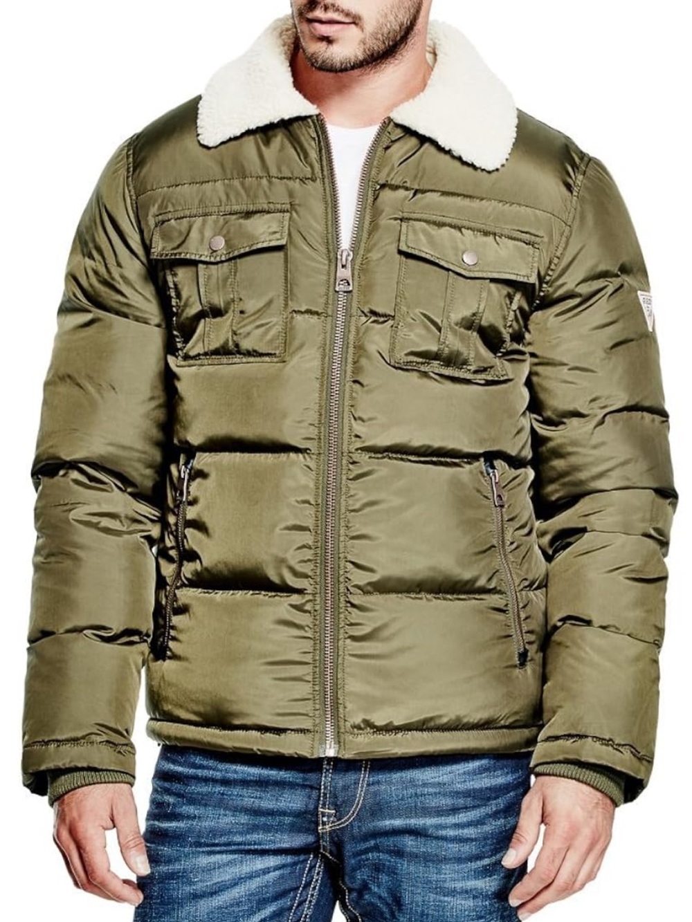 Guess Men's Quilted Sherpa Collar Trucker Winter Jacket Gold Hardware Zip Pocket